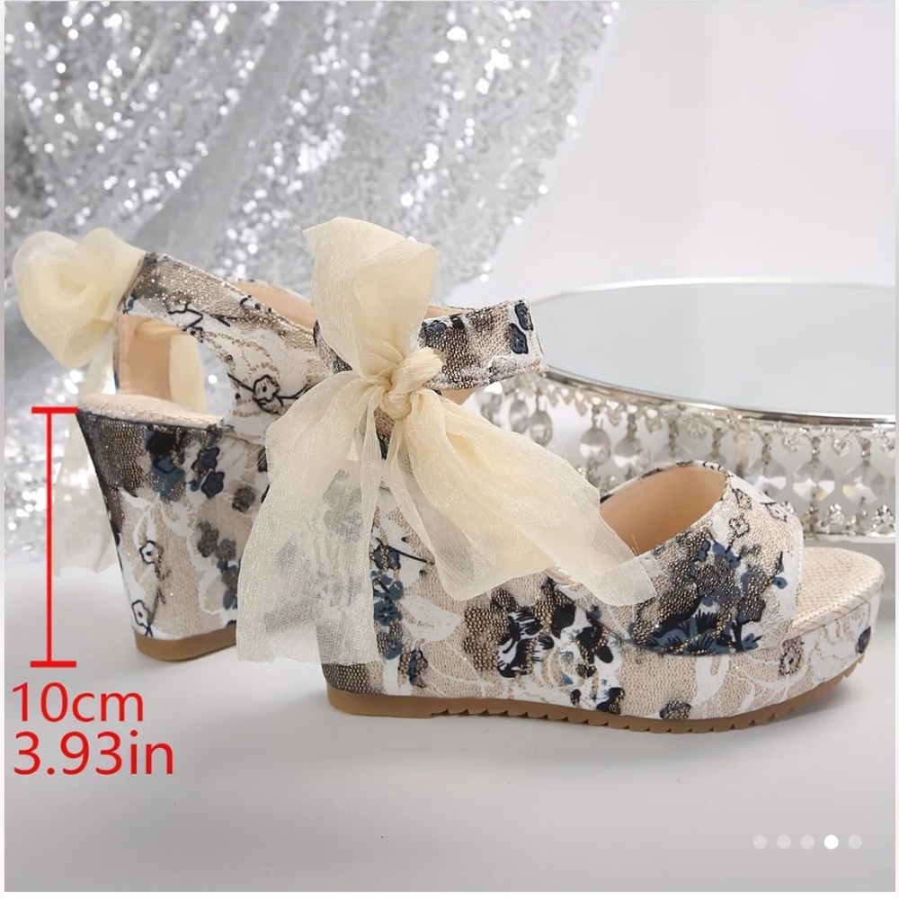 Elegant Cream and Blue Wedges with Ankle Strap